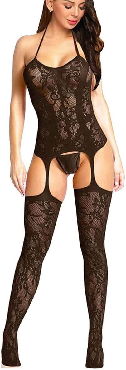 Womens Fishnet Bodystocking Plus Size Crotchless Bodysuit Tights Soft Nightwear Lingerie