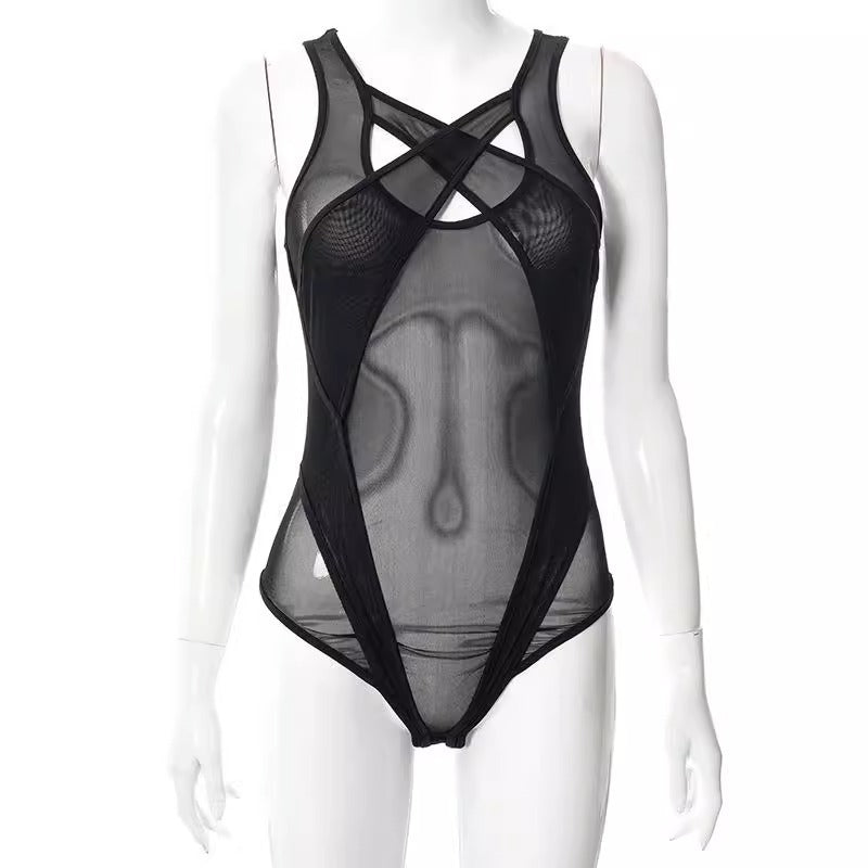 Patchwork Backless Webbing Hot Bodysuit Set