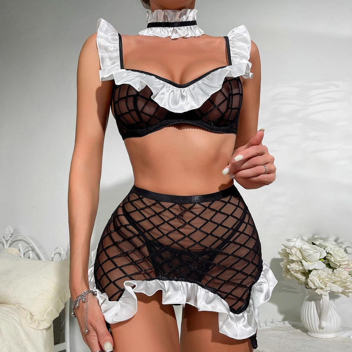 Lace hollowed out see-through lingerie multi-piece erotic set