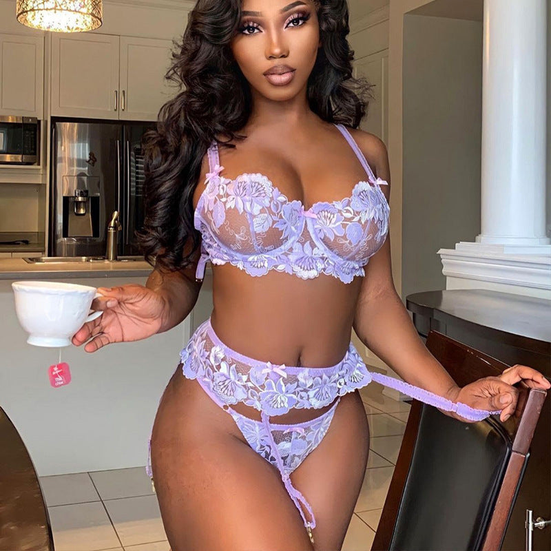 Sexy ladies three-point mesh see-through three-piece suit