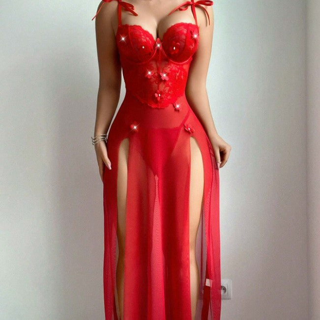 Red Floral Halter Mesh Long Dress